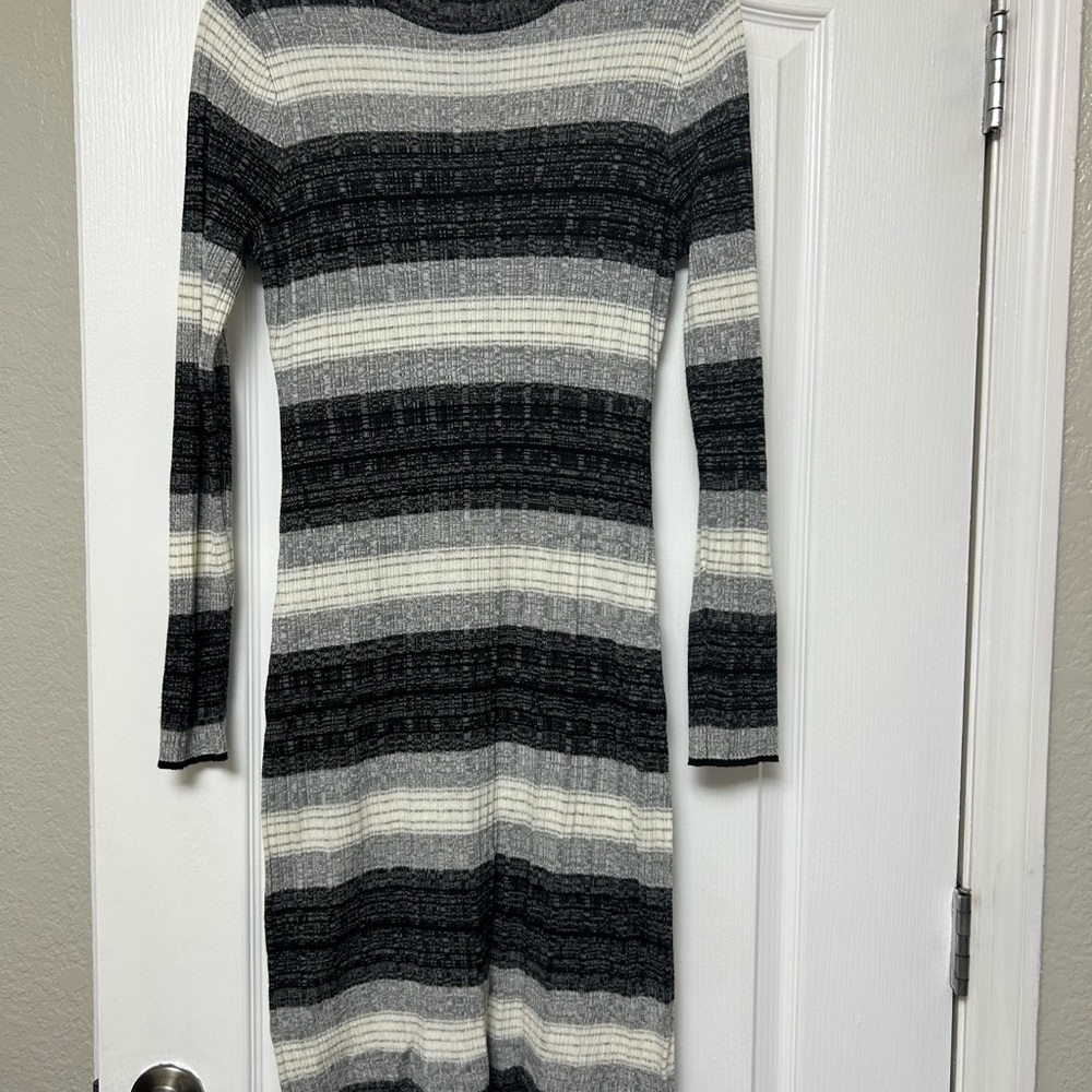 Calvin Klein Black and Gray Striped Long Sleeve Dress